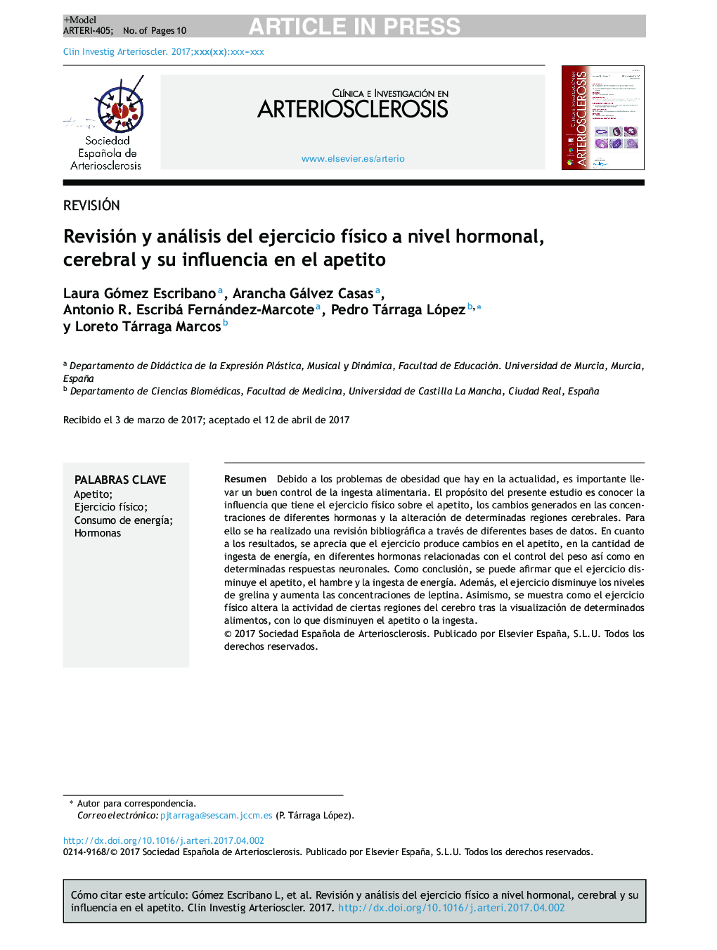 Revisión y análisis del ejercicio fÃ­sico a nivel hormonal, cerebral y su influencia en el apetito