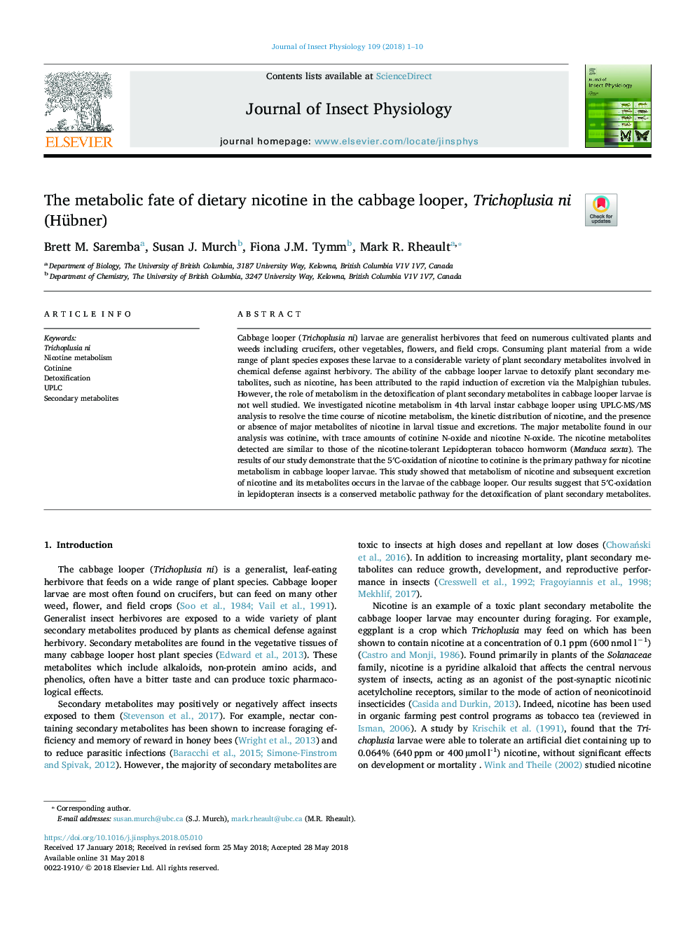 عکس صفحه اول مقاله: The metabolic fate of dietary nicotine in the cabbage looper, Trichoplusia ni (Hübner) The metabolic fate of dietary nicotine in the cabbage looper, Trichoplusia ni (Hübner)