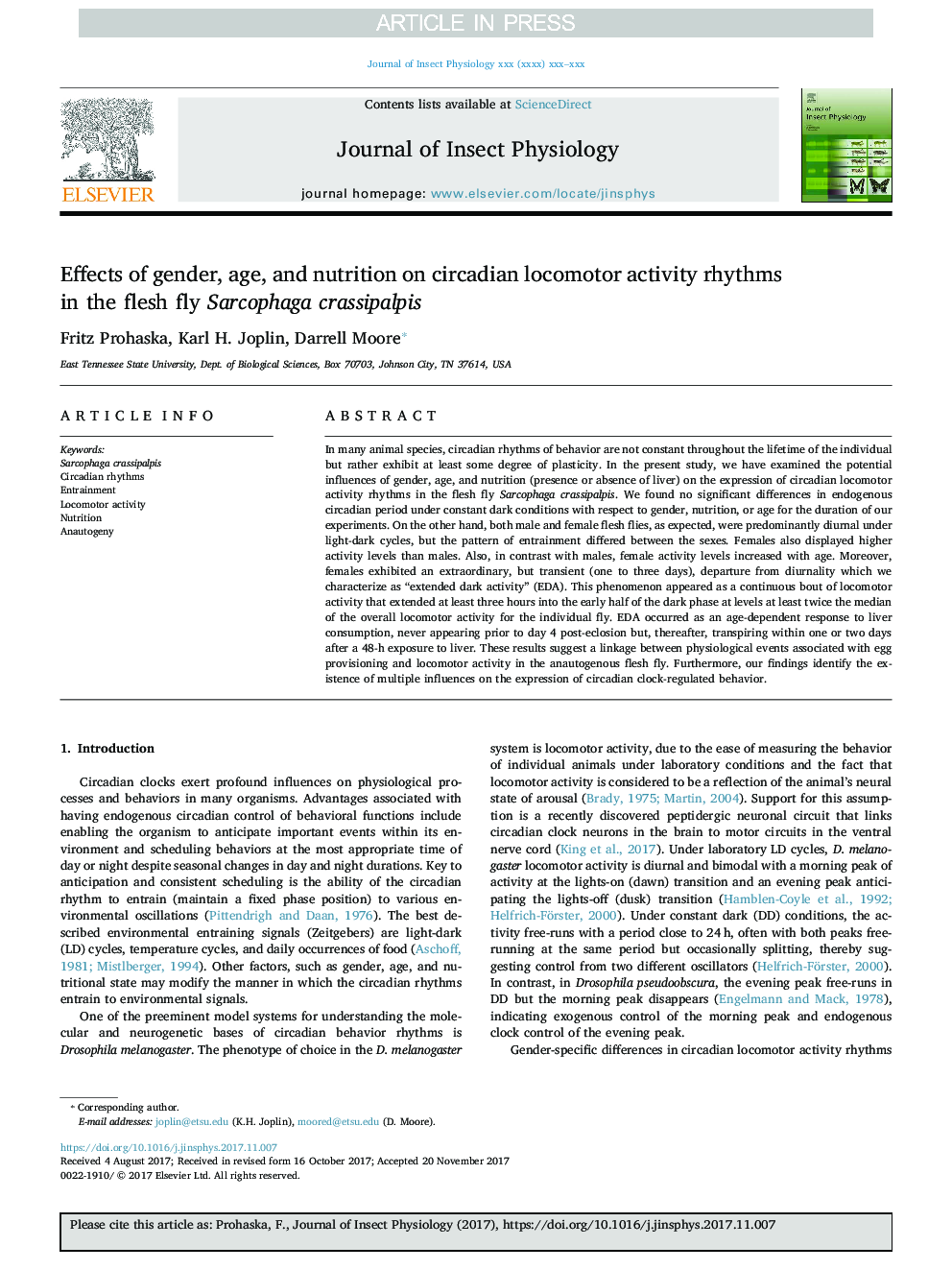 Effects of gender, age, and nutrition on circadian locomotor activity rhythms in the flesh fly Sarcophaga crassipalpis