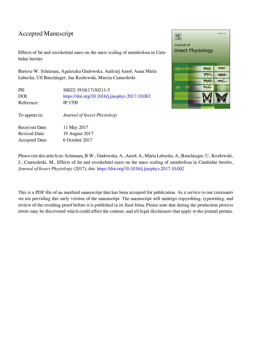 Effects of fat and exoskeletal mass on the mass scaling of metabolism in Carabidae beetles