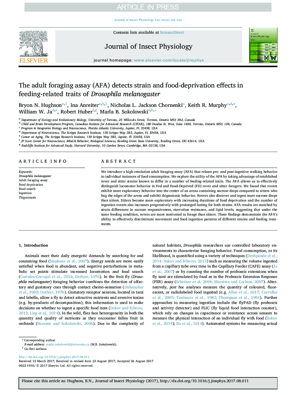 The adult foraging assay (AFA) detects strain and food-deprivation effects in feeding-related traits of Drosophila melanogaster