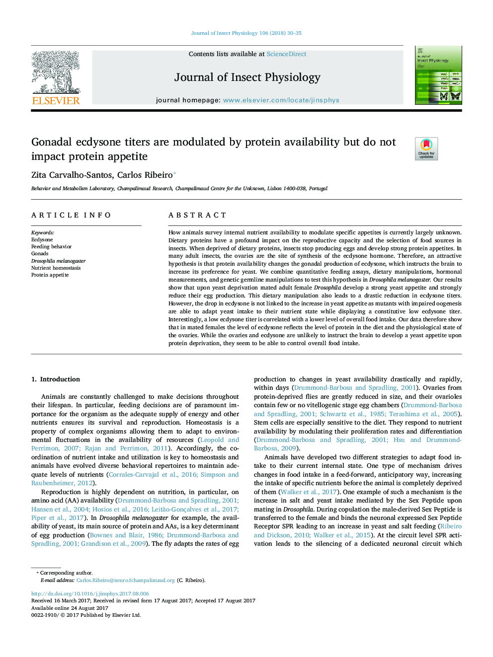 Gonadal ecdysone titers are modulated by protein availability but do not impact protein appetite