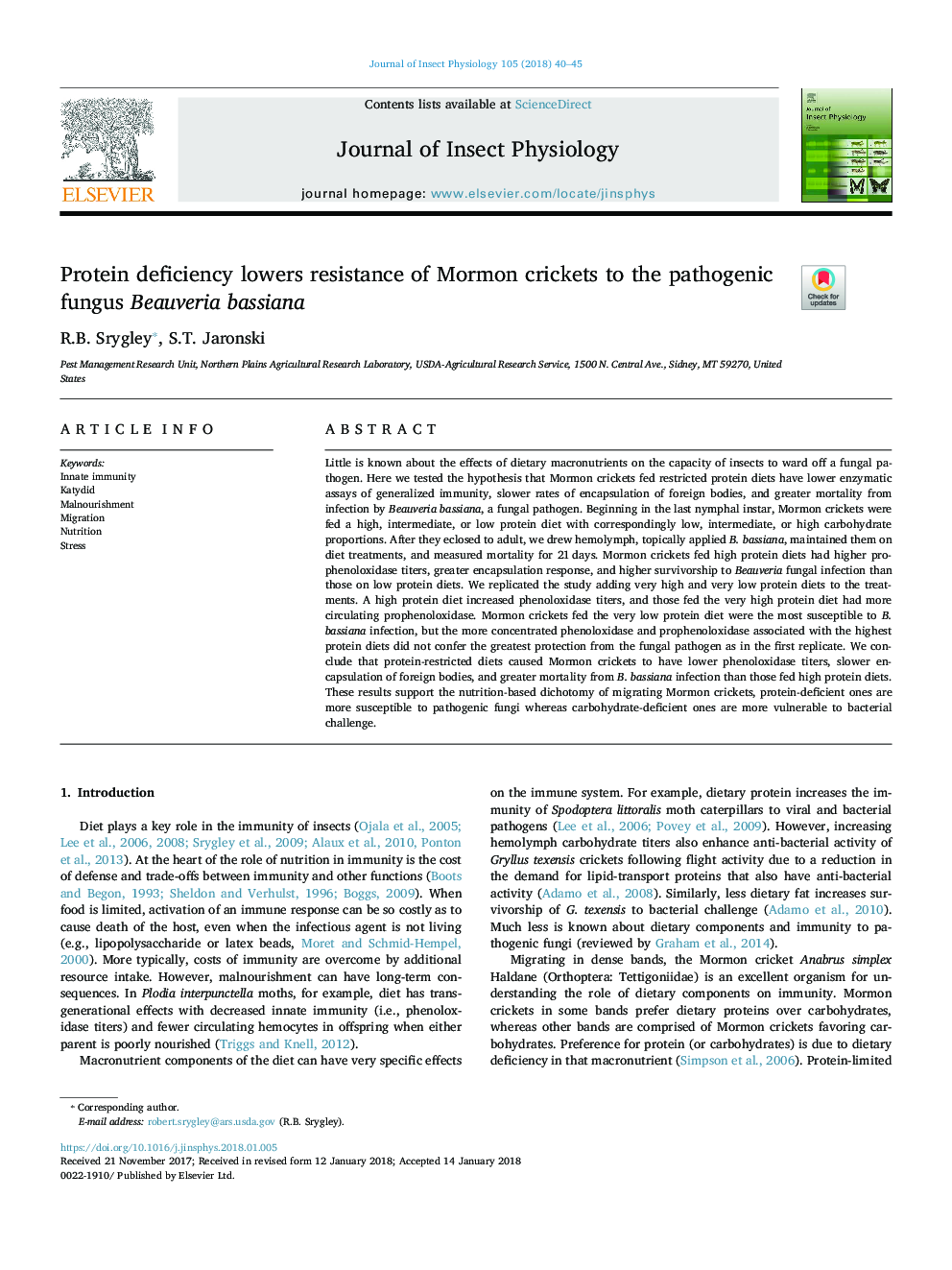 Protein deficiency lowers resistance of Mormon crickets to the pathogenic fungus Beauveria bassiana