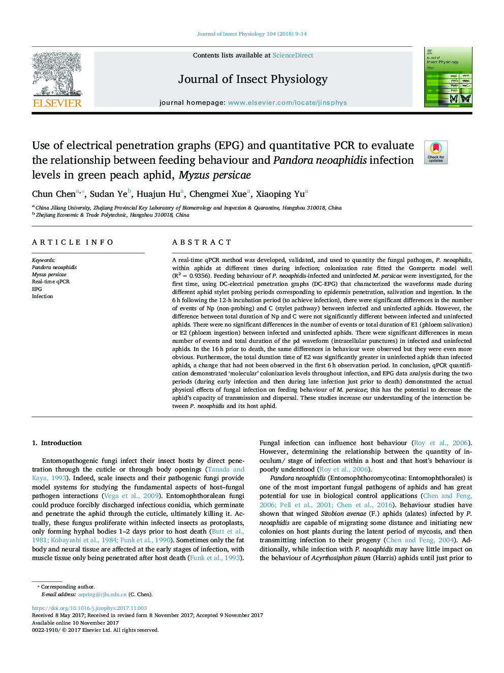 Use of electrical penetration graphs (EPG) and quantitative PCR to evaluate the relationship between feeding behaviour and Pandora neoaphidis infection levels in green peach aphid, Myzus persicae