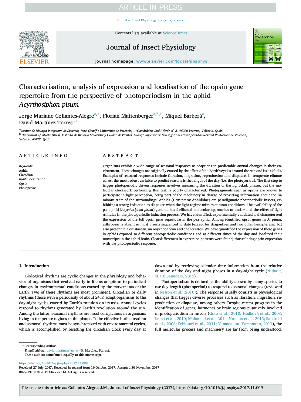 Characterisation, analysis of expression and localisation of the opsin gene repertoire from the perspective of photoperiodism in the aphid Acyrthosiphon pisum