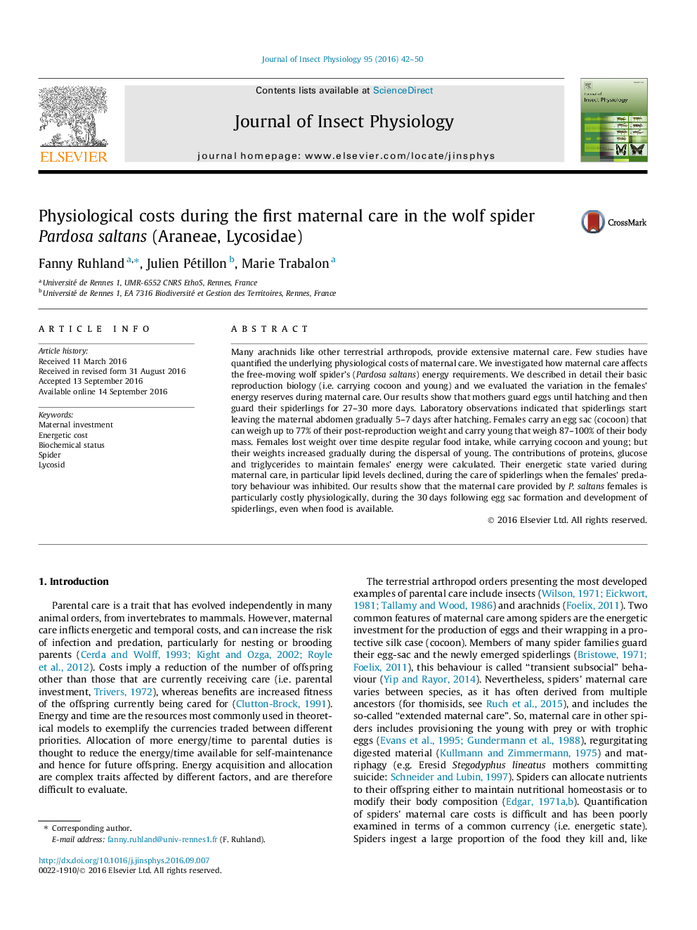 Physiological costs during the first maternal care in the wolf spider Pardosa saltans (Araneae, Lycosidae)