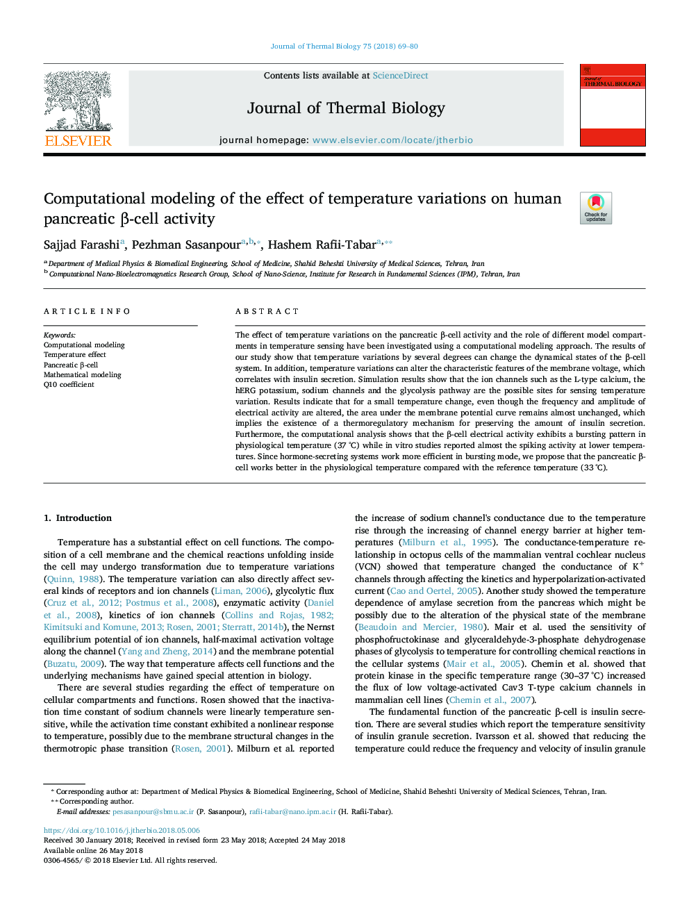 Computational modeling of the effect of temperature variations on human pancreatic Î²-cell activity