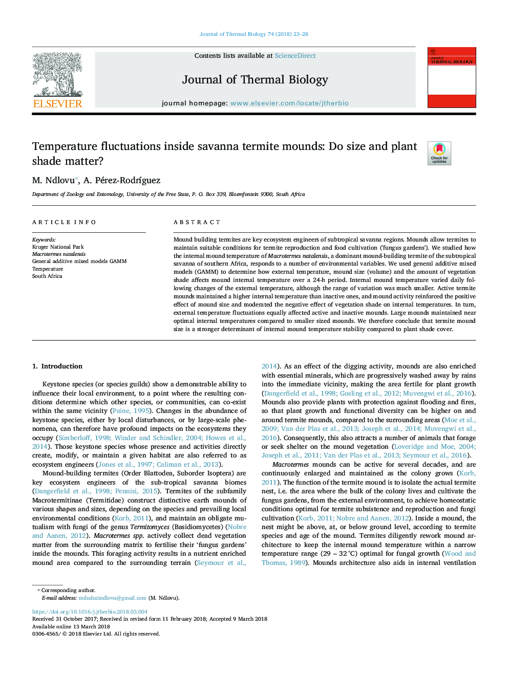 Temperature fluctuations inside savanna termite mounds: Do size and plant shade matter?