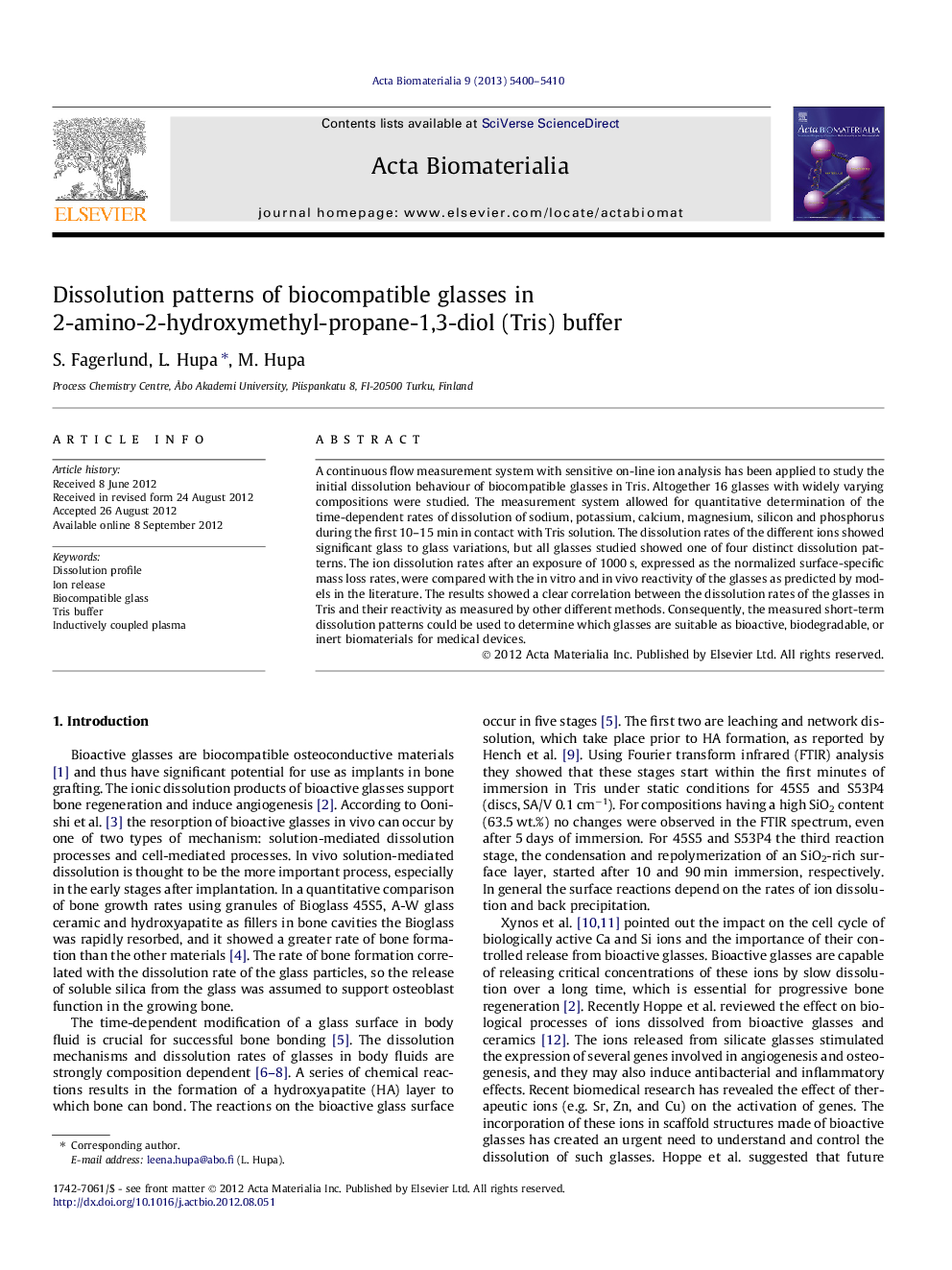 Dissolution patterns of biocompatible glasses in 2-amino-2-hydroxymethyl-propane-1,3-diol (Tris) buffer