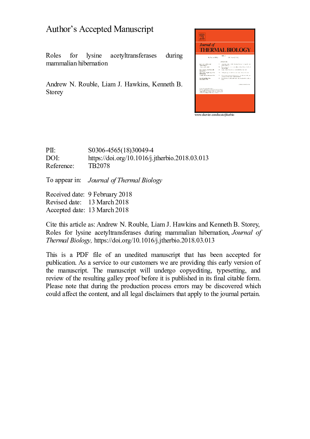 Roles for lysine acetyltransferases during mammalian hibernation