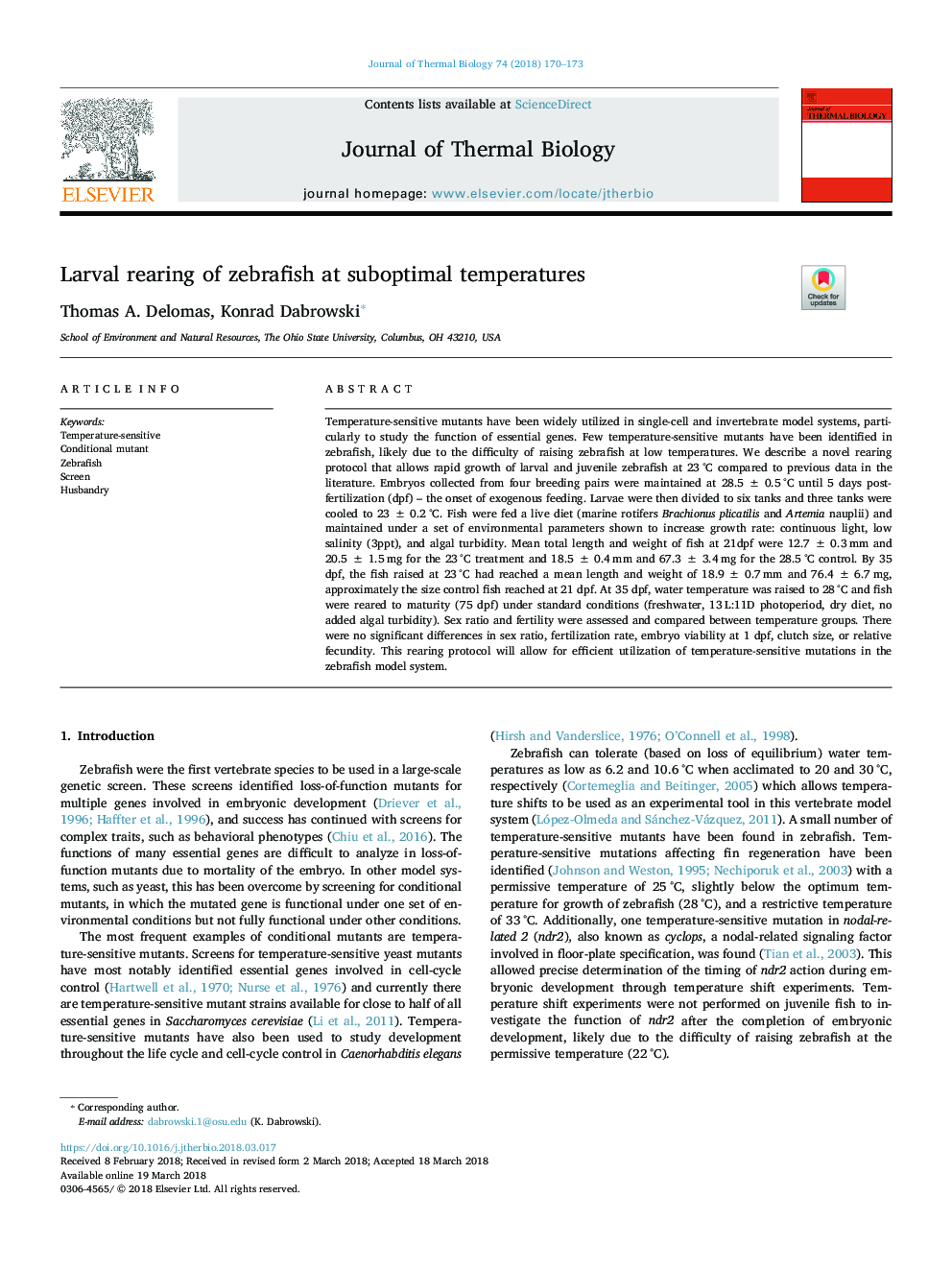 Larval rearing of zebrafish at suboptimal temperatures