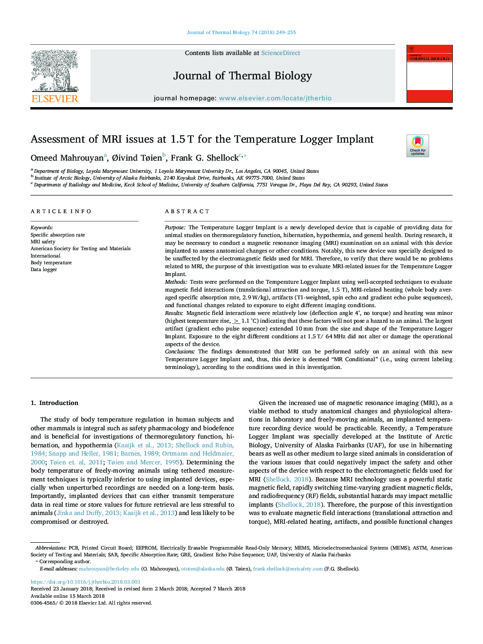 Assessment of MRI issues at 1.5â¯T for the Temperature Logger Implant