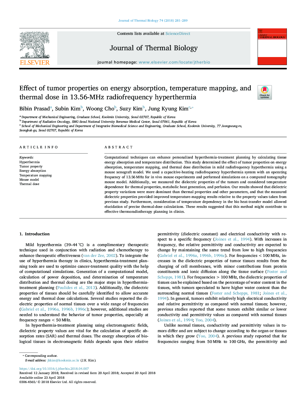 Effect of tumor properties on energy absorption, temperature mapping, and thermal dose in 13.56-MHz radiofrequency hyperthermia