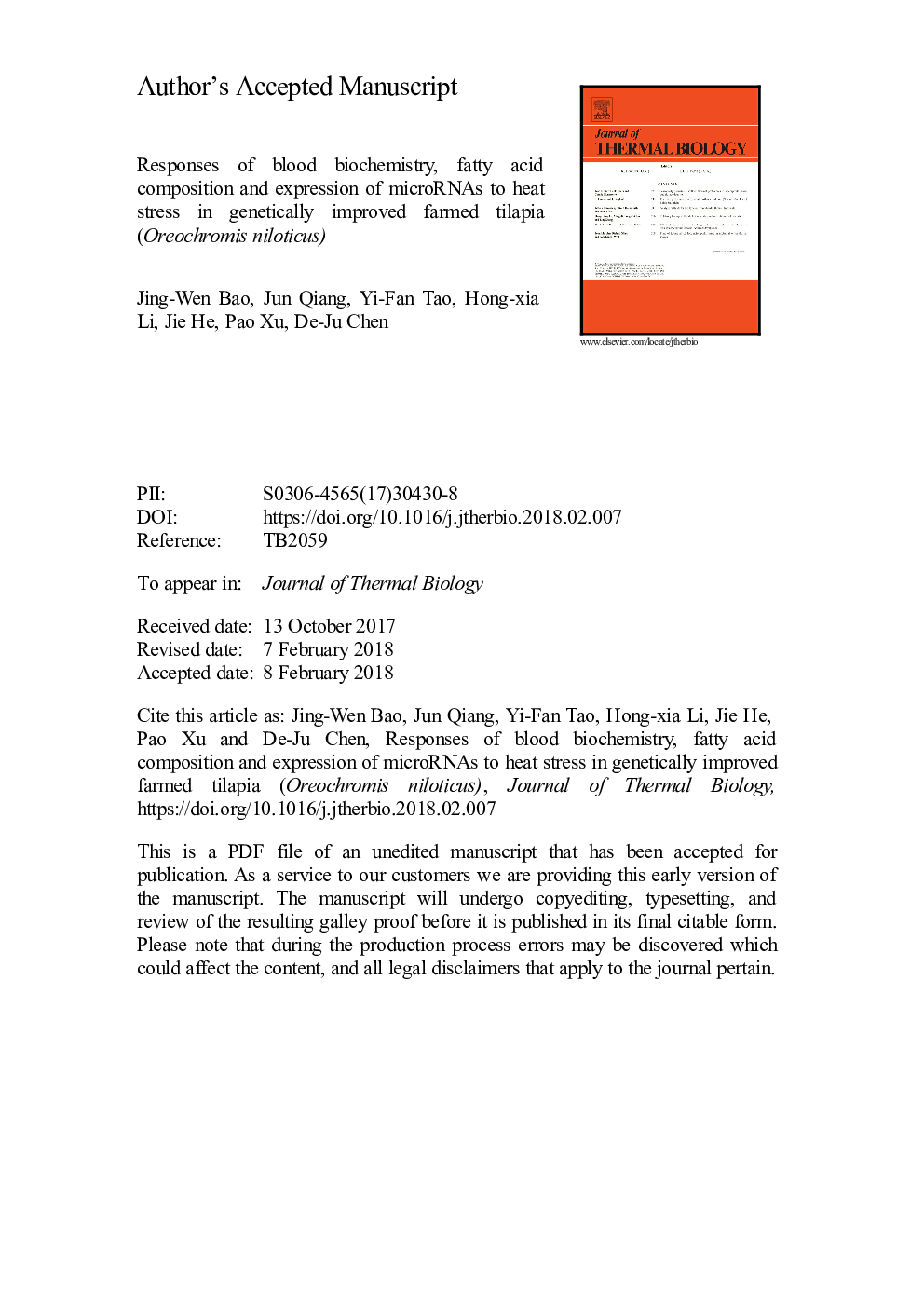 Responses of blood biochemistry, fatty acid composition and expression of microRNAs to heat stress in genetically improved farmed tilapia (Oreochromis niloticus)