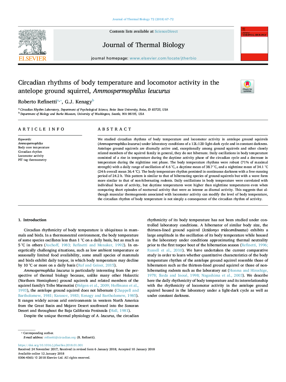 Circadian rhythms of body temperature and locomotor activity in the antelope ground squirrel, Ammospermophilus leucurus