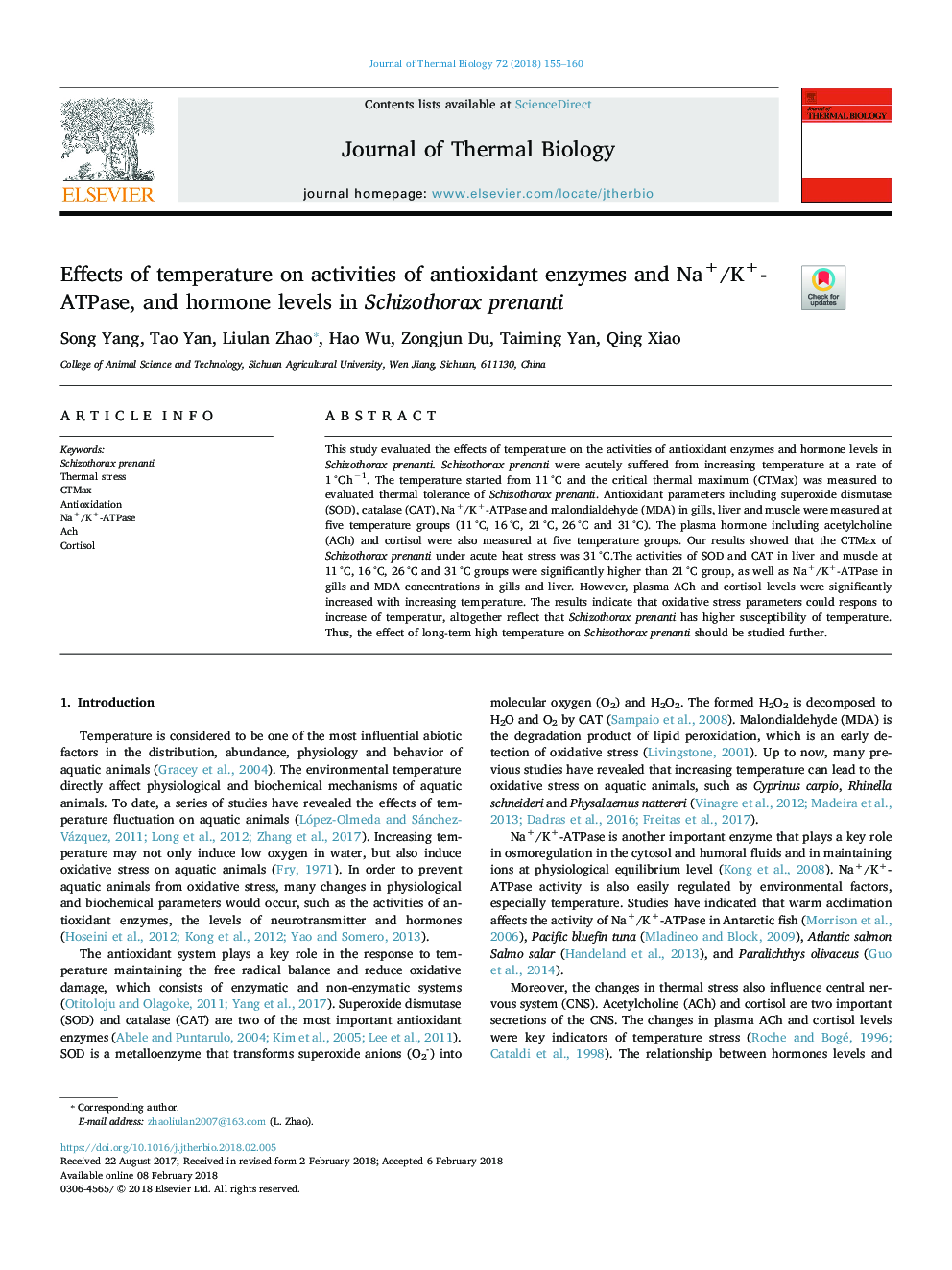 Effects of temperature onÂ activities of antioxidant enzymes and Na+/K+-ATPase, and hormone levels in Schizothorax prenanti