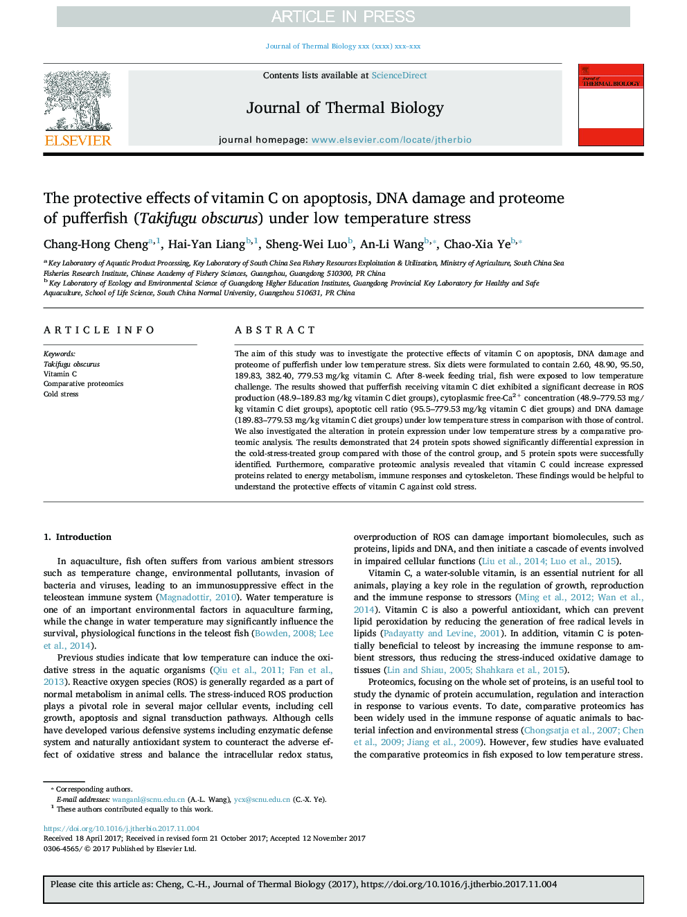 The protective effects of vitamin C on apoptosis, DNA damage and proteome of pufferfish (Takifugu obscurus) under low temperature stress