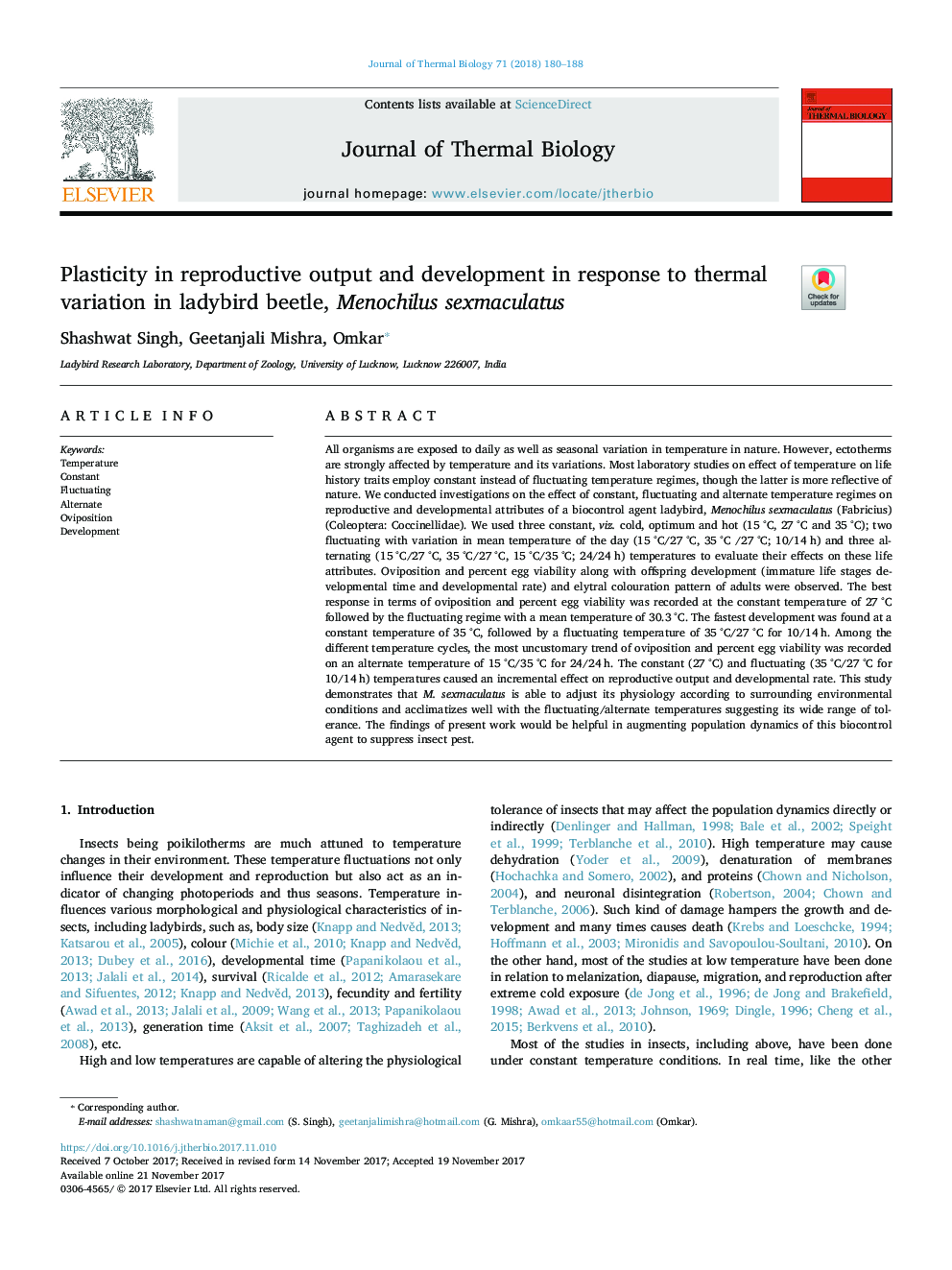 Plasticity in reproductive output and development in response to thermal variation in ladybird beetle, Menochilus sexmaculatus