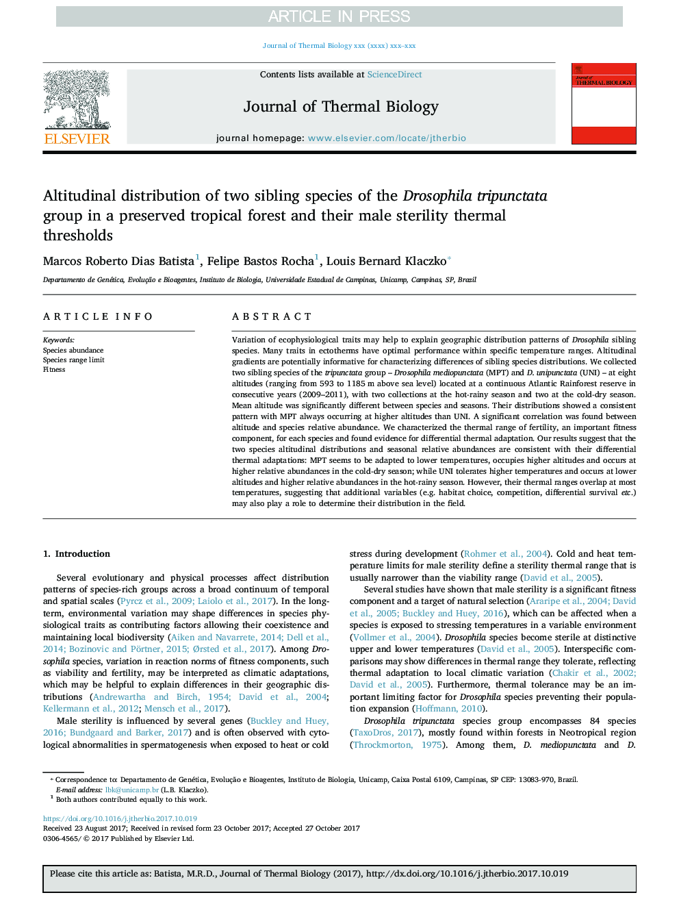 Altitudinal distribution of two sibling species of the Drosophila tripunctata group in a preserved tropical forest and their male sterility thermal thresholds