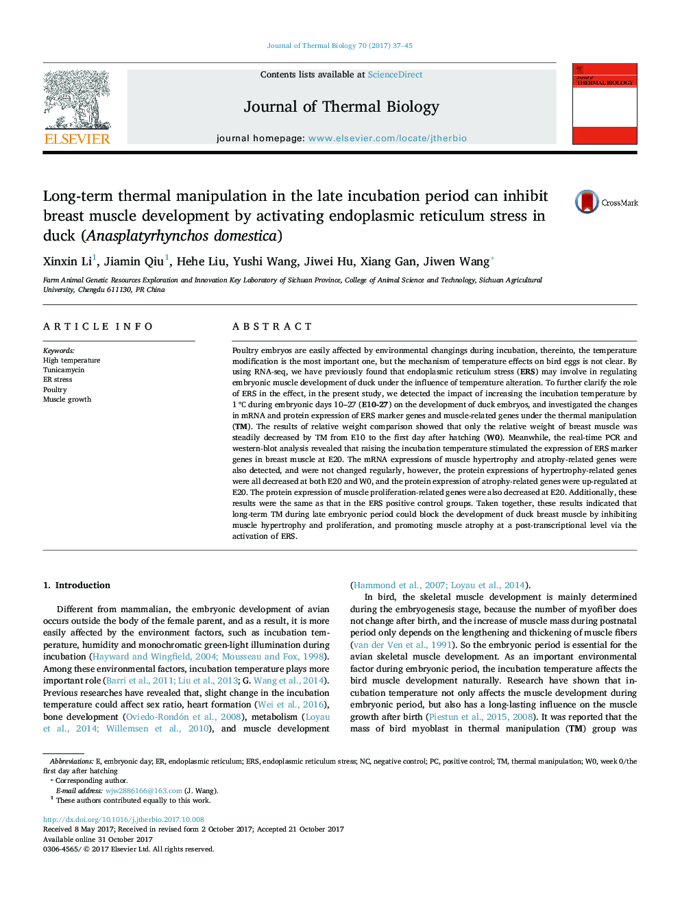 Long-term thermal manipulation in the late incubation period can inhibit breast muscle development by activating endoplasmic reticulum stress in duck (Anasplatyrhynchos domestica)