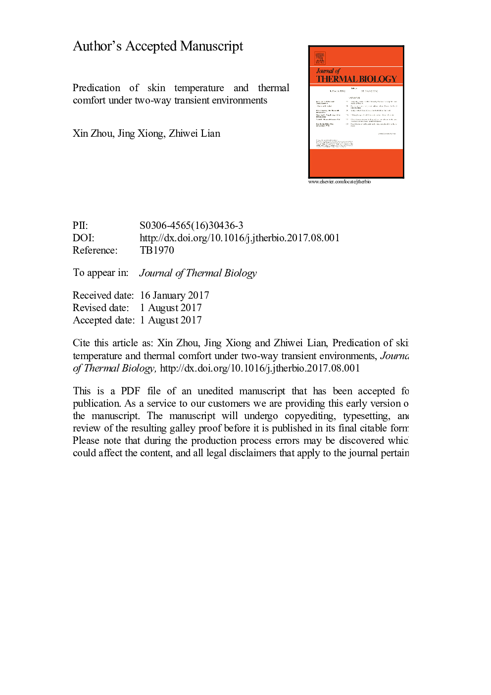 Predication of skin temperature and thermal comfort under two-way transient environments