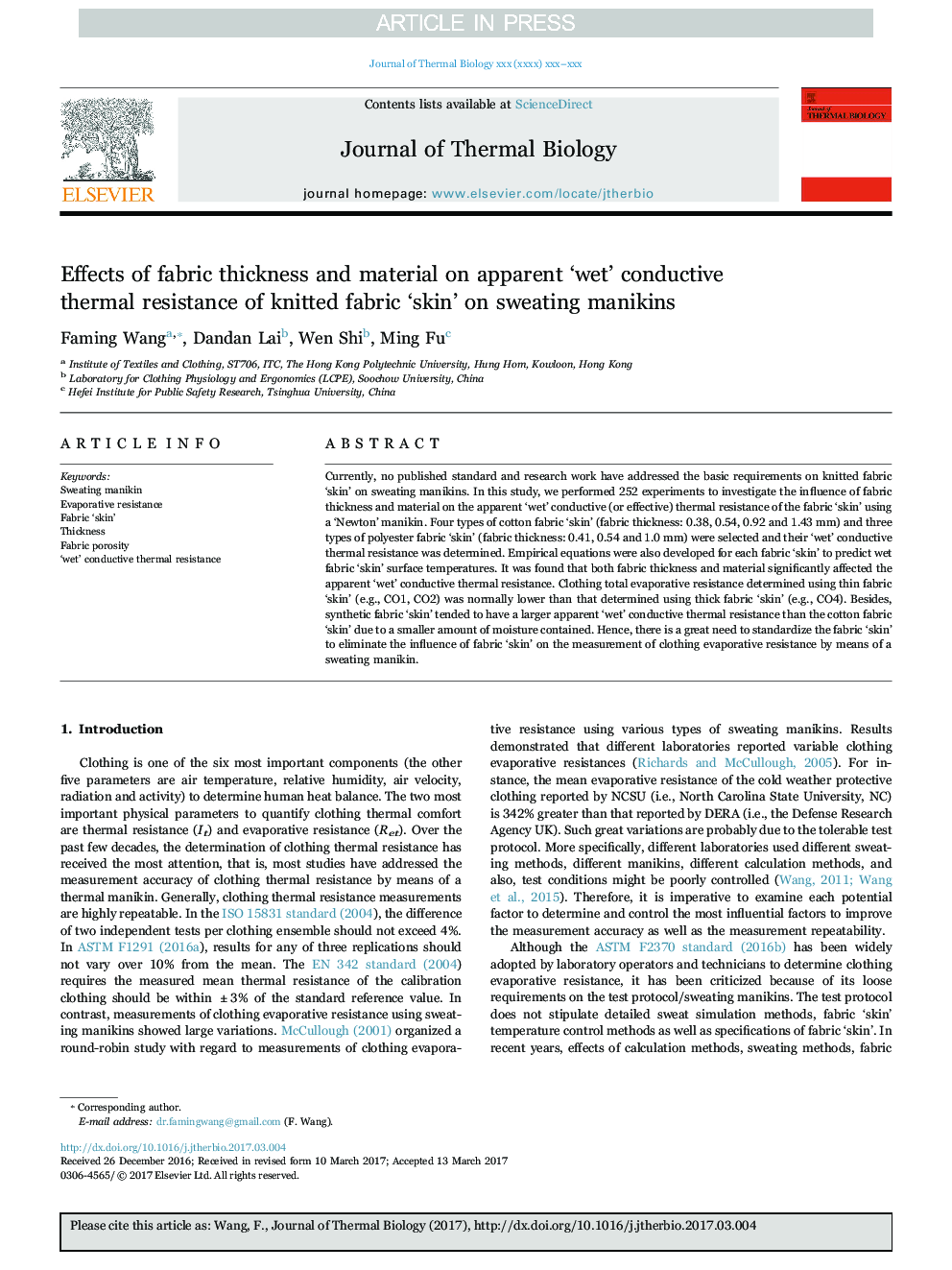Effects of fabric thickness and material on apparent 'wet' conductive thermal resistance of knitted fabric 'skin' on sweating manikins