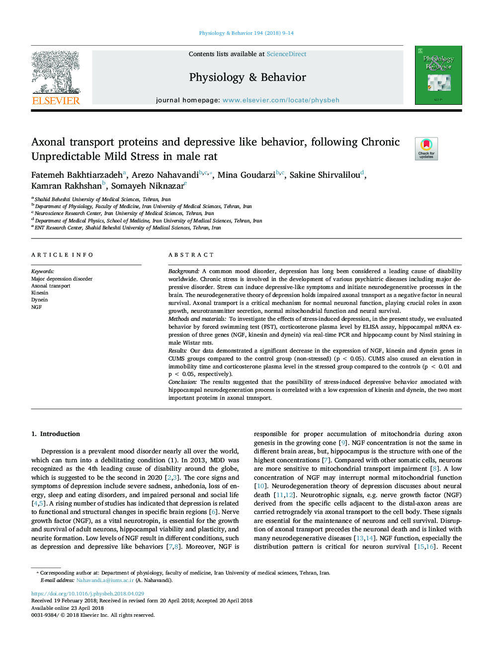 Axonal transport proteins and depressive like behavior, following Chronic Unpredictable Mild Stress in male rat