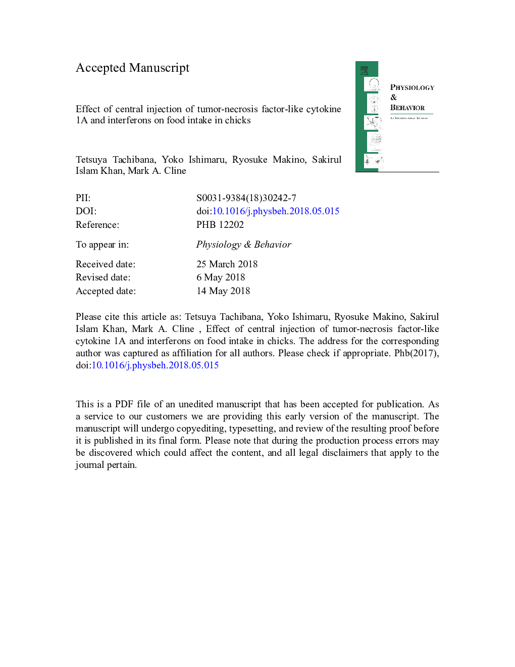 Effect of central injection of tumor-necrosis factor-like cytokine 1A and interferons on food intake in chicks