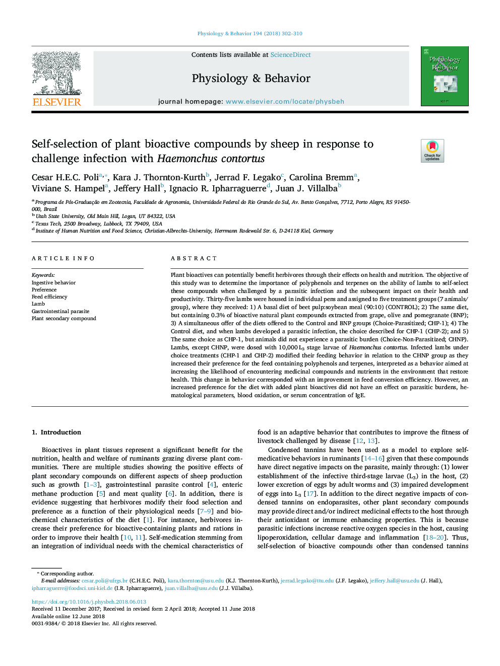 Self-selection of plant bioactive compounds by sheep in response to challenge infection with Haemonchus contortus