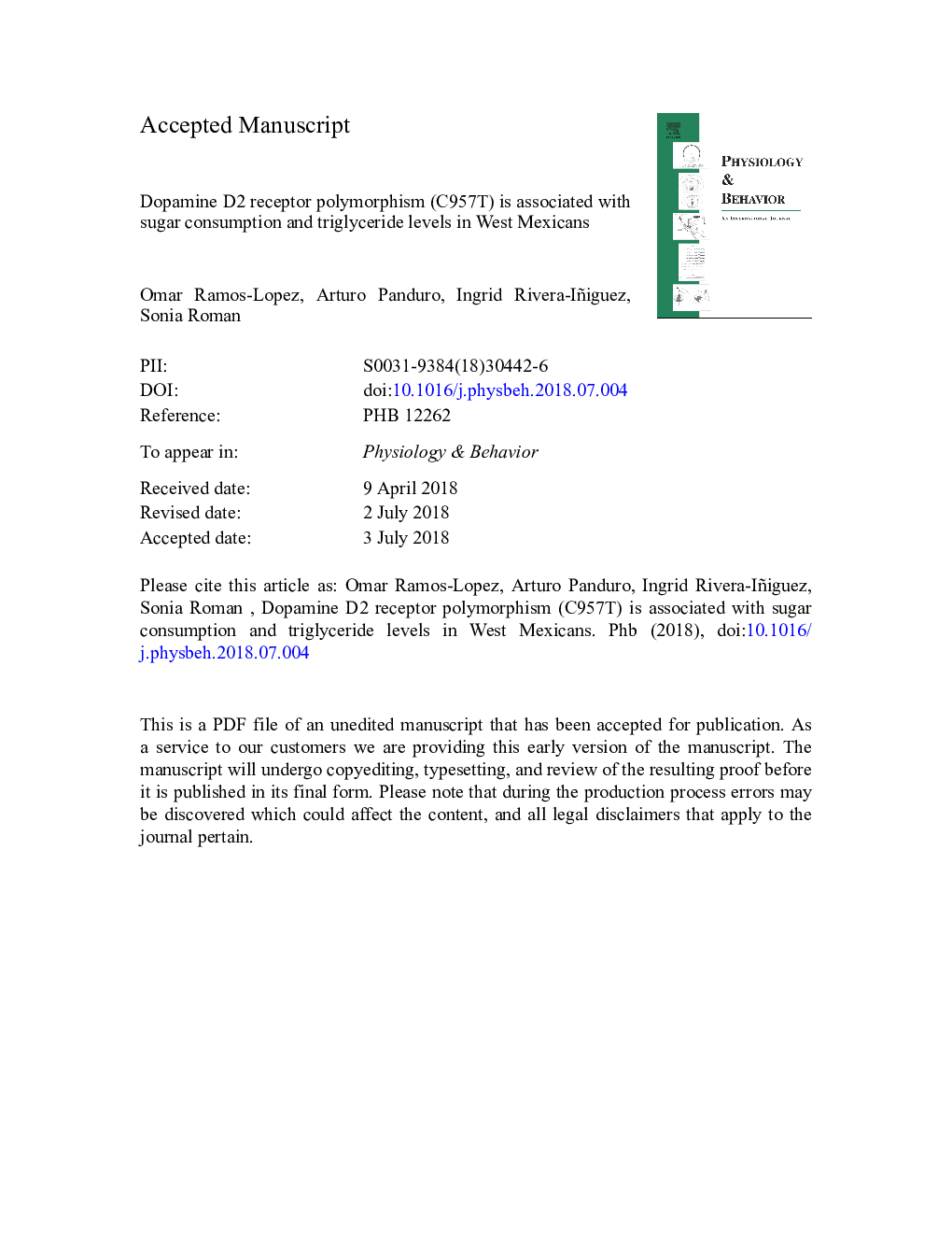 Dopamine D2 receptor polymorphism (C957T) is associated with sugar consumption and triglyceride levels in West Mexicans