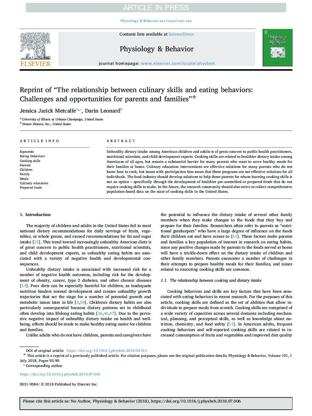 Reprint of “The relationship between culinary skills and eating behaviors: Challenges and opportunities for parents and families”