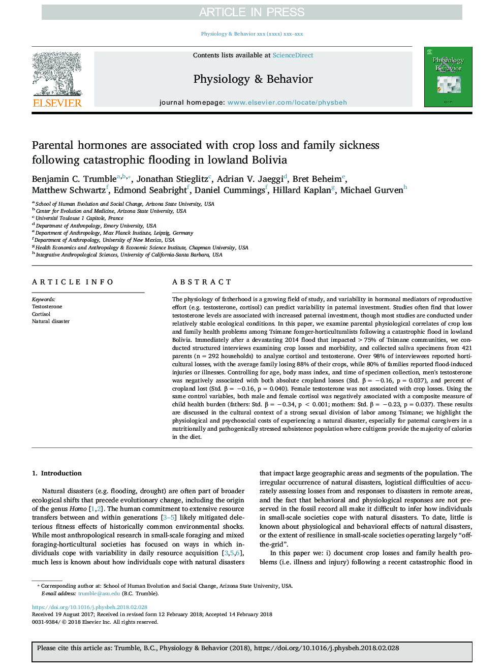 Parental hormones are associated with crop loss and family sickness following catastrophic flooding in lowland Bolivia