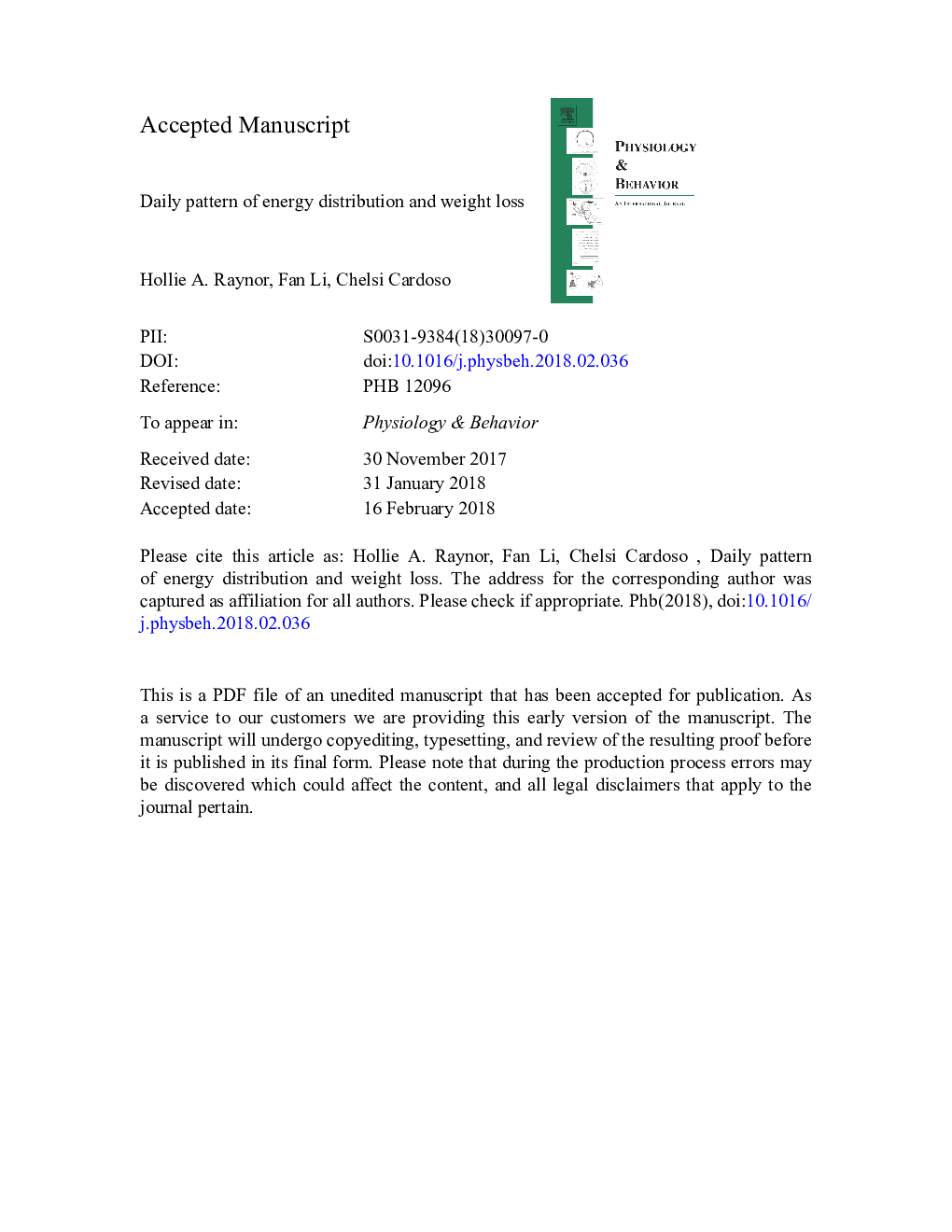 Daily pattern of energy distribution and weight loss