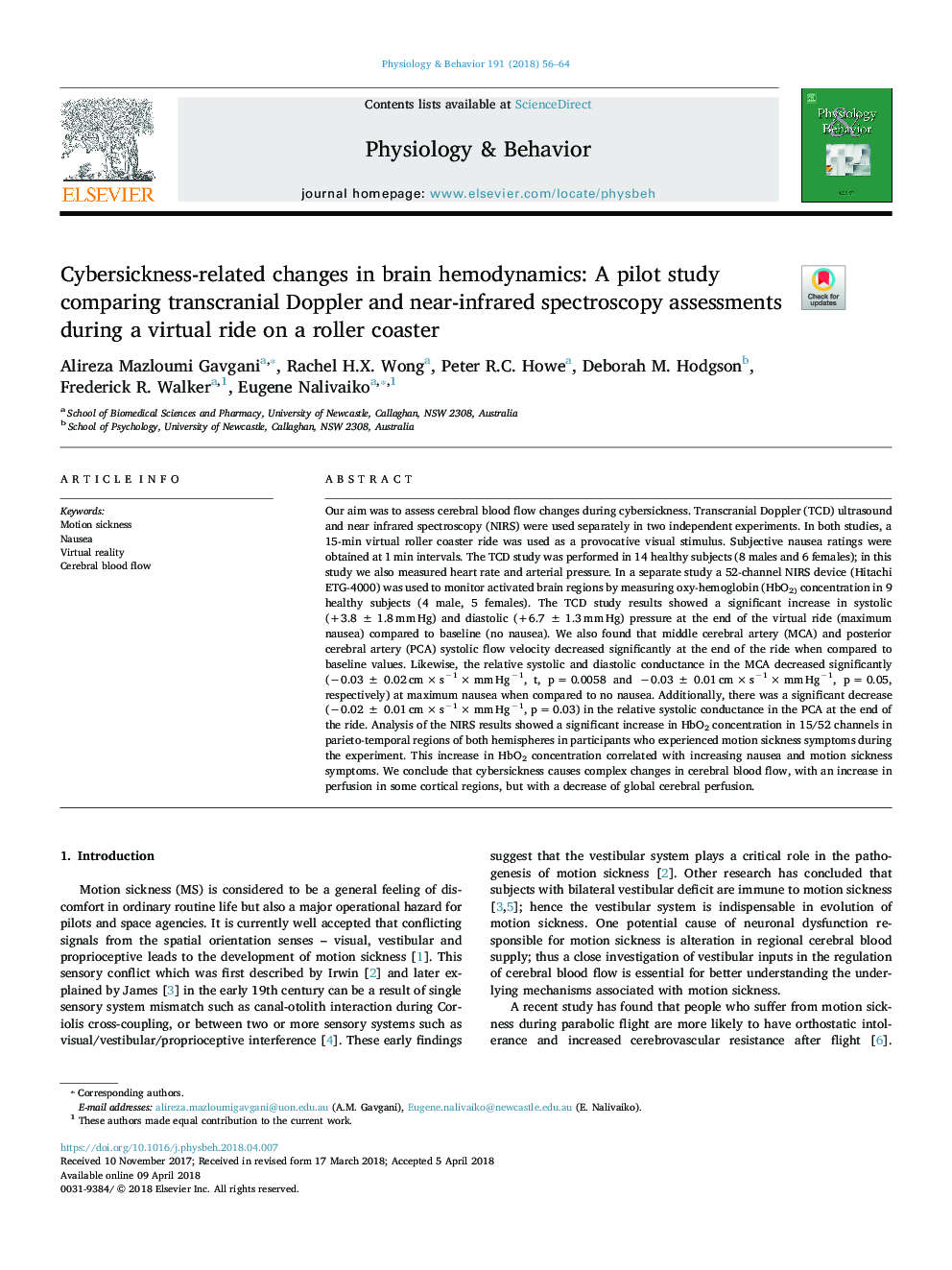 Cybersickness-related changes in brain hemodynamics: A pilot study comparing transcranial Doppler and near-infrared spectroscopy assessments during a virtual ride on a roller coaster