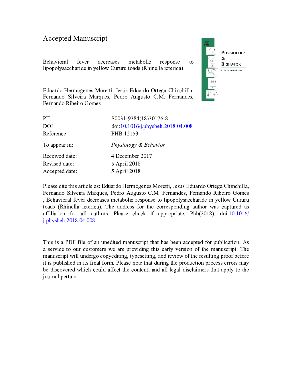 Behavioral fever decreases metabolic response to lipopolysaccharide in yellow Cururu toads (Rhinella icterica)