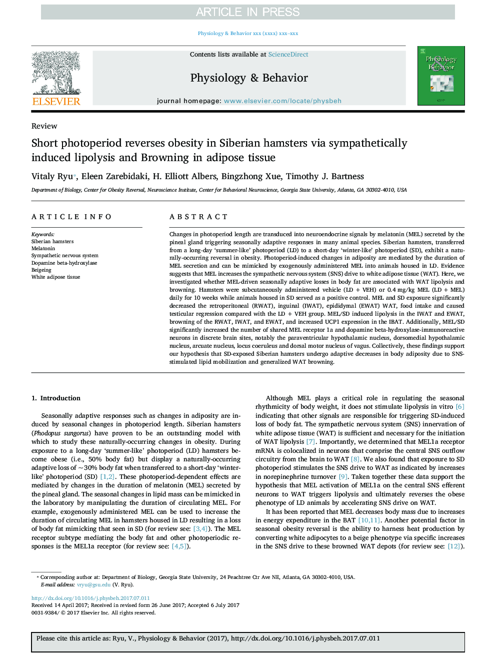 Short photoperiod reverses obesity in Siberian hamsters via sympathetically induced lipolysis and Browning in adipose tissue