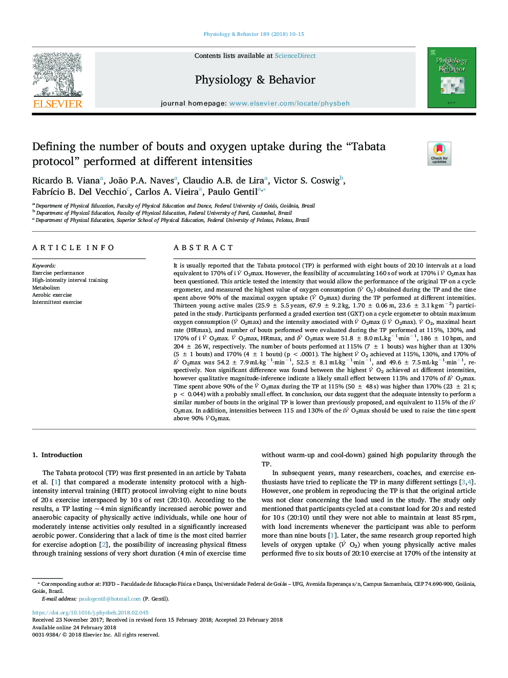 Defining the number of bouts and oxygen uptake during the “Tabata protocol” performed at different intensities