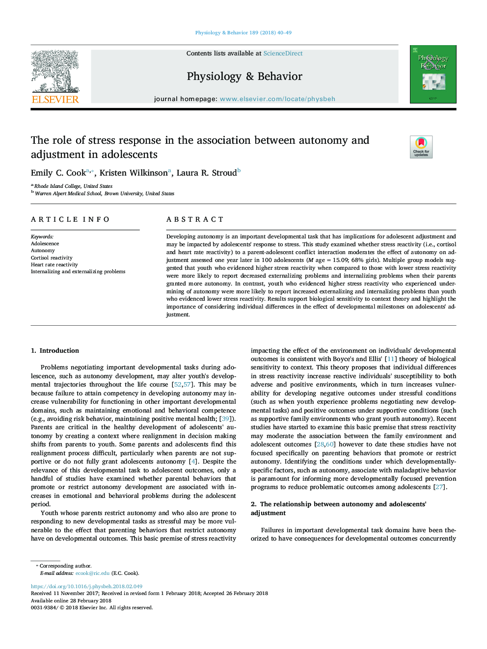 The role of stress response in the association between autonomy and adjustment in adolescents