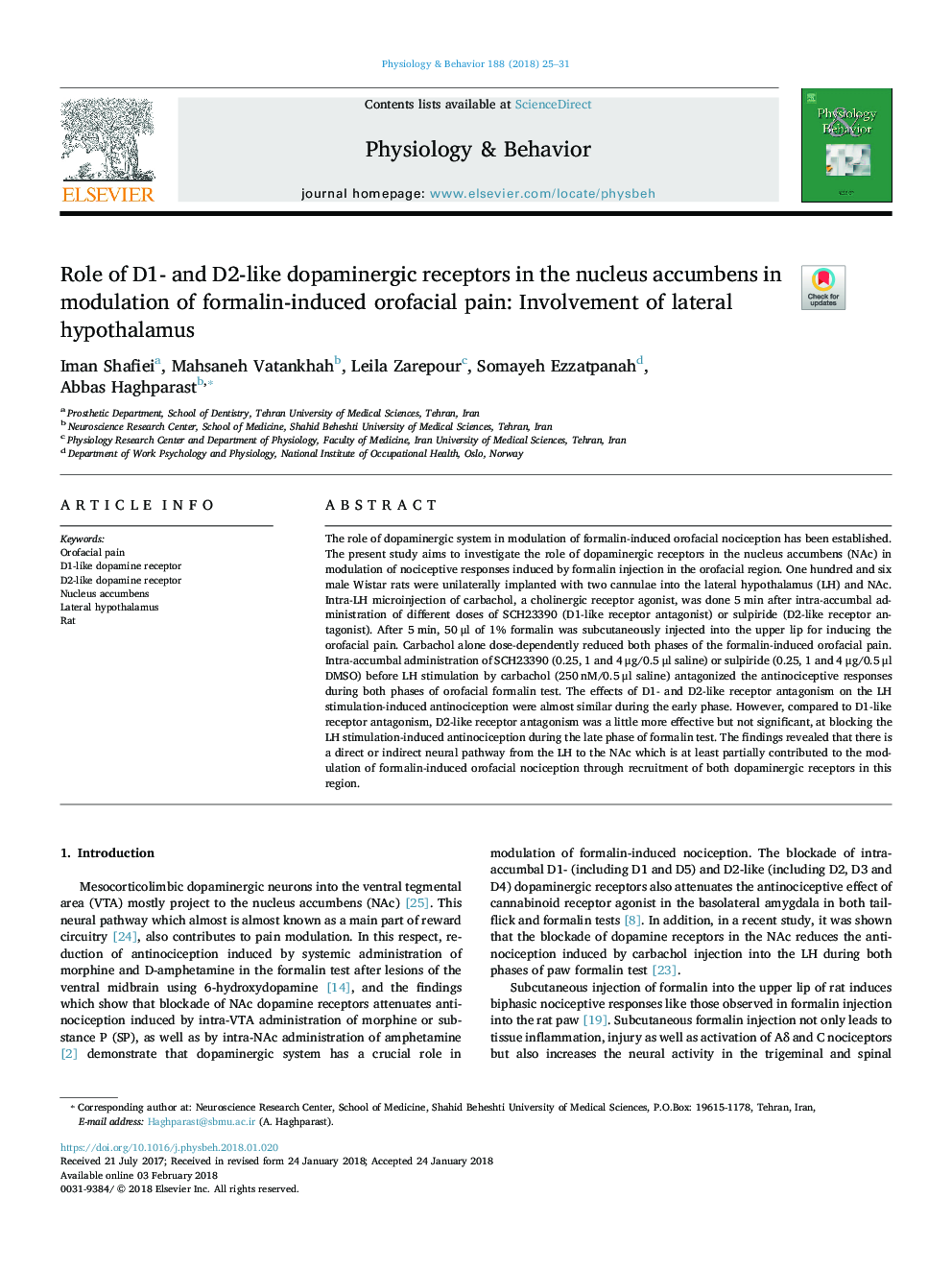 Role of D1- and D2-like dopaminergic receptors in the nucleus accumbens in modulation of formalin-induced orofacial pain: Involvement of lateral hypothalamus