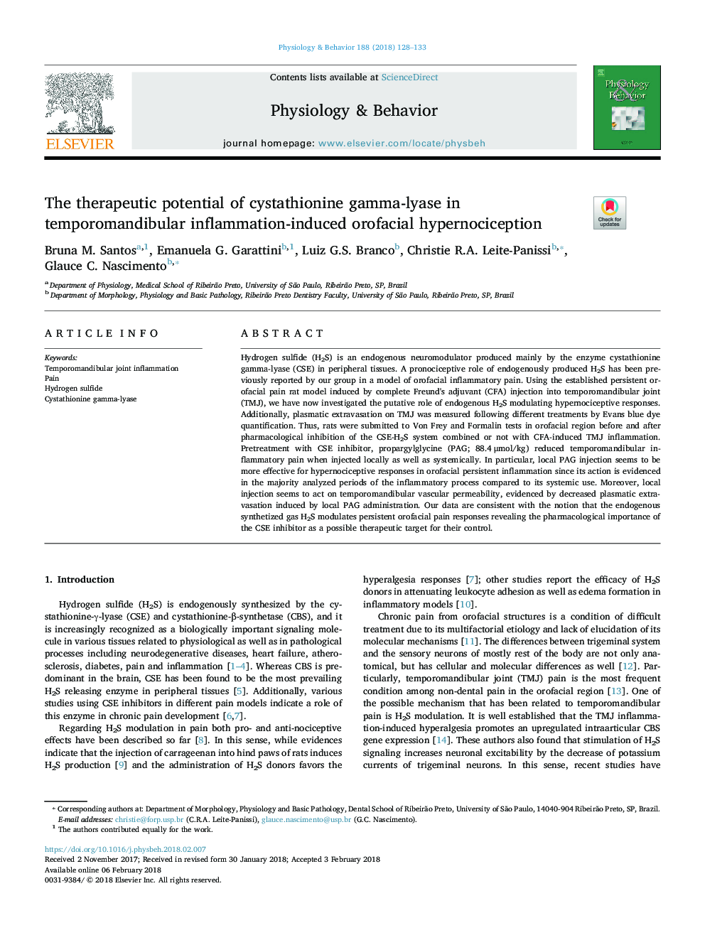 The therapeutic potential of cystathionine gamma-lyase in temporomandibular inflammation-induced orofacial hypernociception