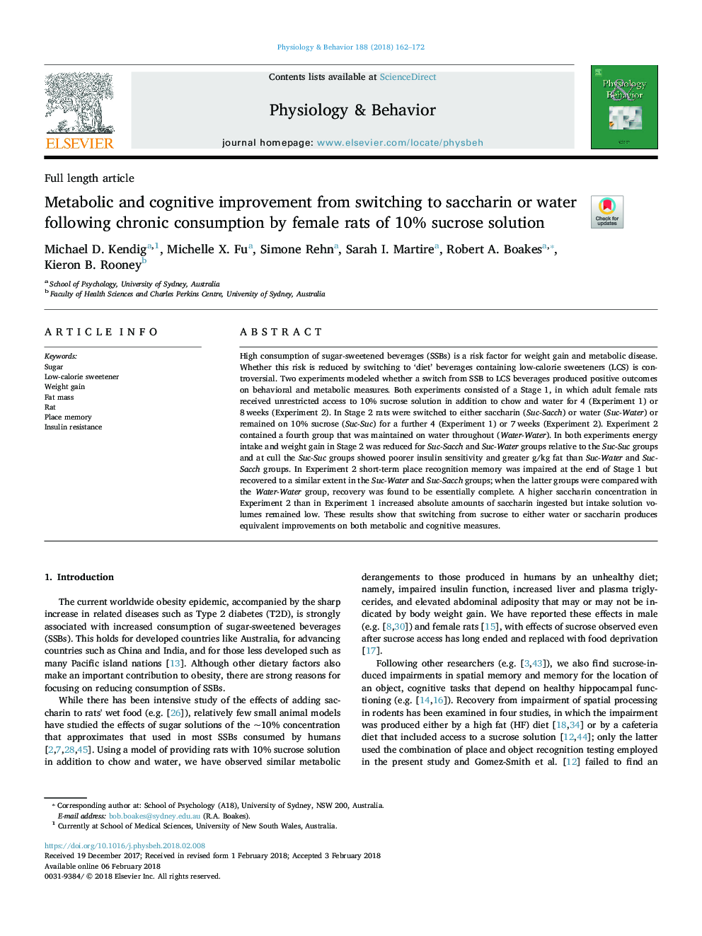 Metabolic and cognitive improvement from switching to saccharin or water following chronic consumption by female rats of 10% sucrose solution