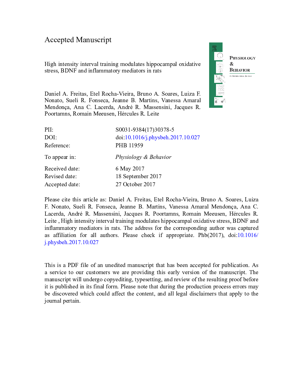 High intensity interval training modulates hippocampal oxidative stress, BDNF and inflammatory mediators in rats