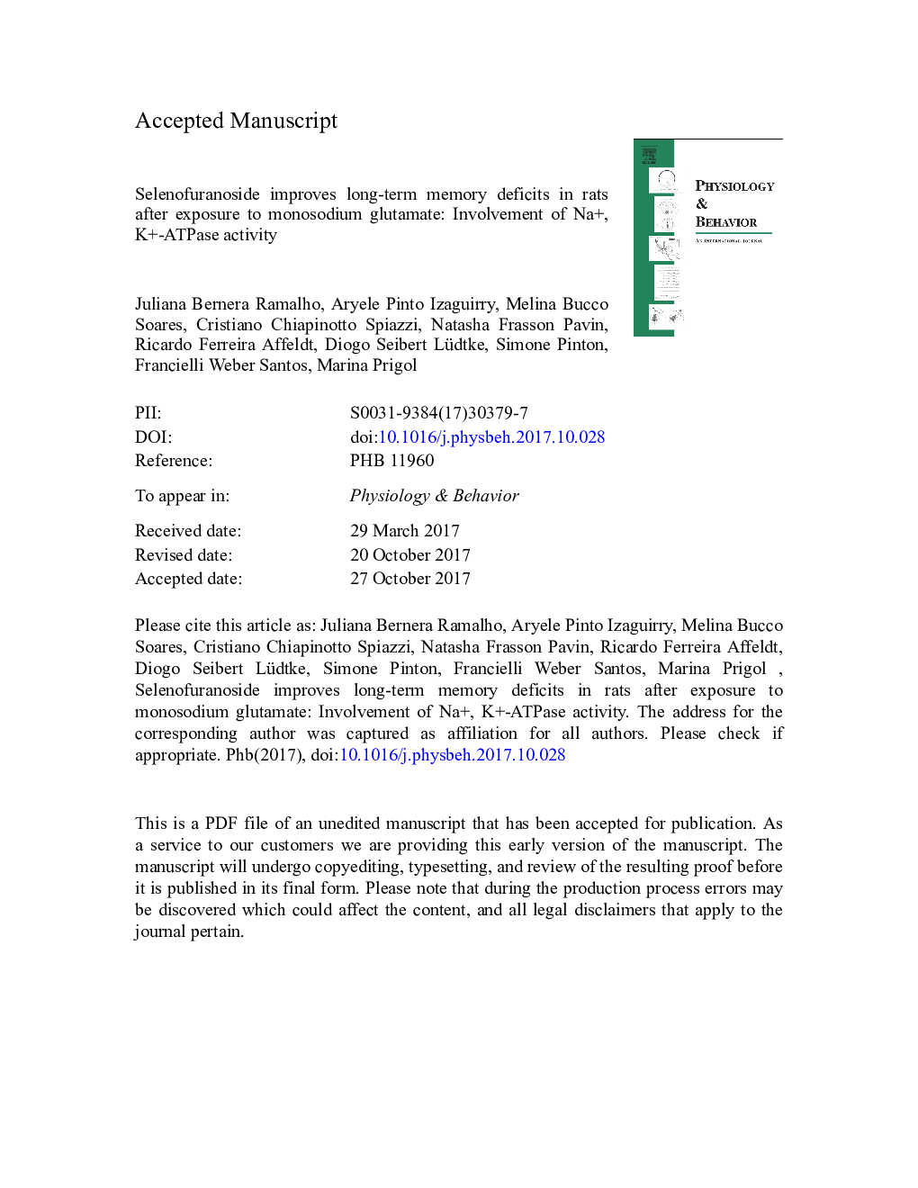 Selenofuranoside improves long-term memory deficits in rats after exposure to monosodium glutamate: Involvement of Na+, K+-ATPase activity