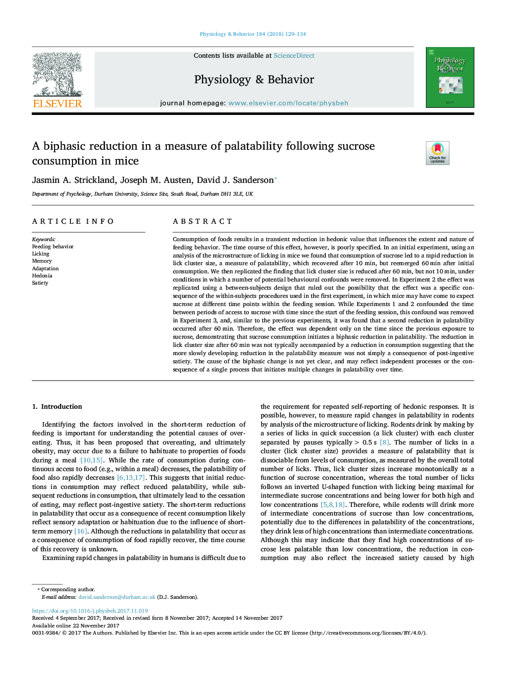 A biphasic reduction in a measure of palatability following sucrose consumption in mice