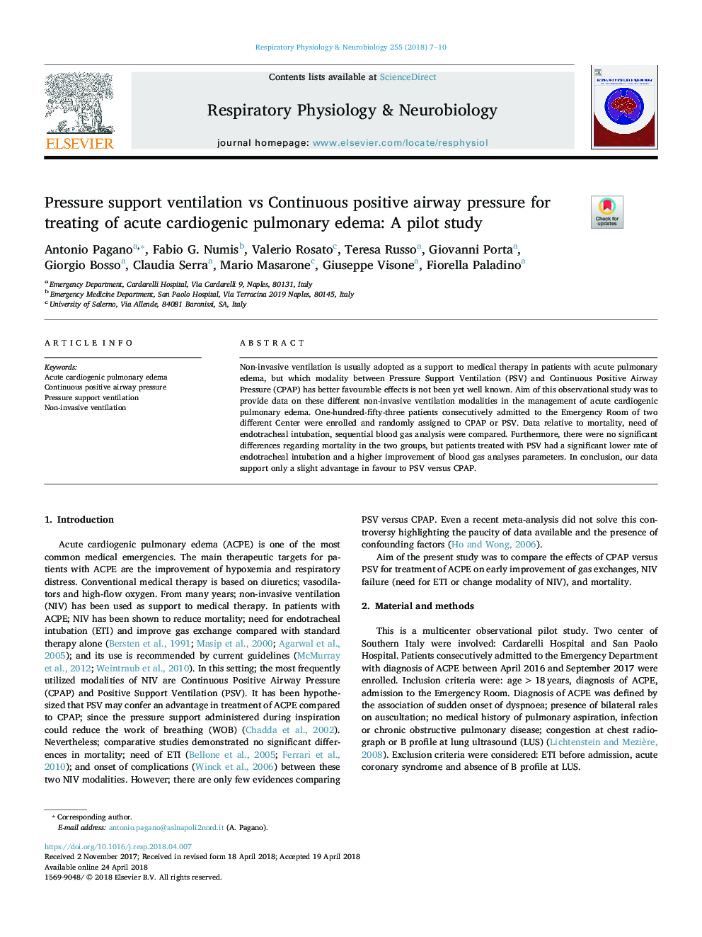 Pressure support ventilation vs Continuous positive airway pressure for treating of acute cardiogenic pulmonary edema: A pilot study