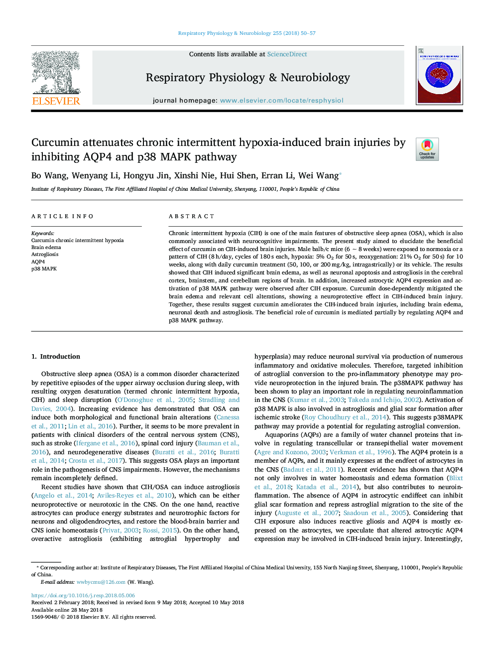 Curcumin attenuates chronic intermittent hypoxia-induced brain injuries by inhibiting AQP4 and p38 MAPK pathway