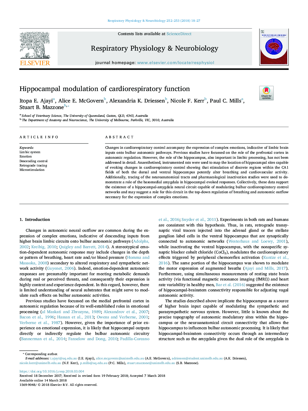 Hippocampal modulation of cardiorespiratory function