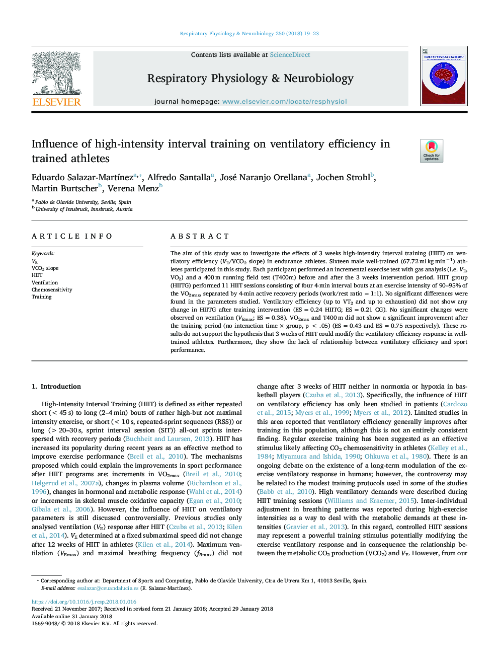 Influence of high-intensity interval training on ventilatory efficiency in trained athletes