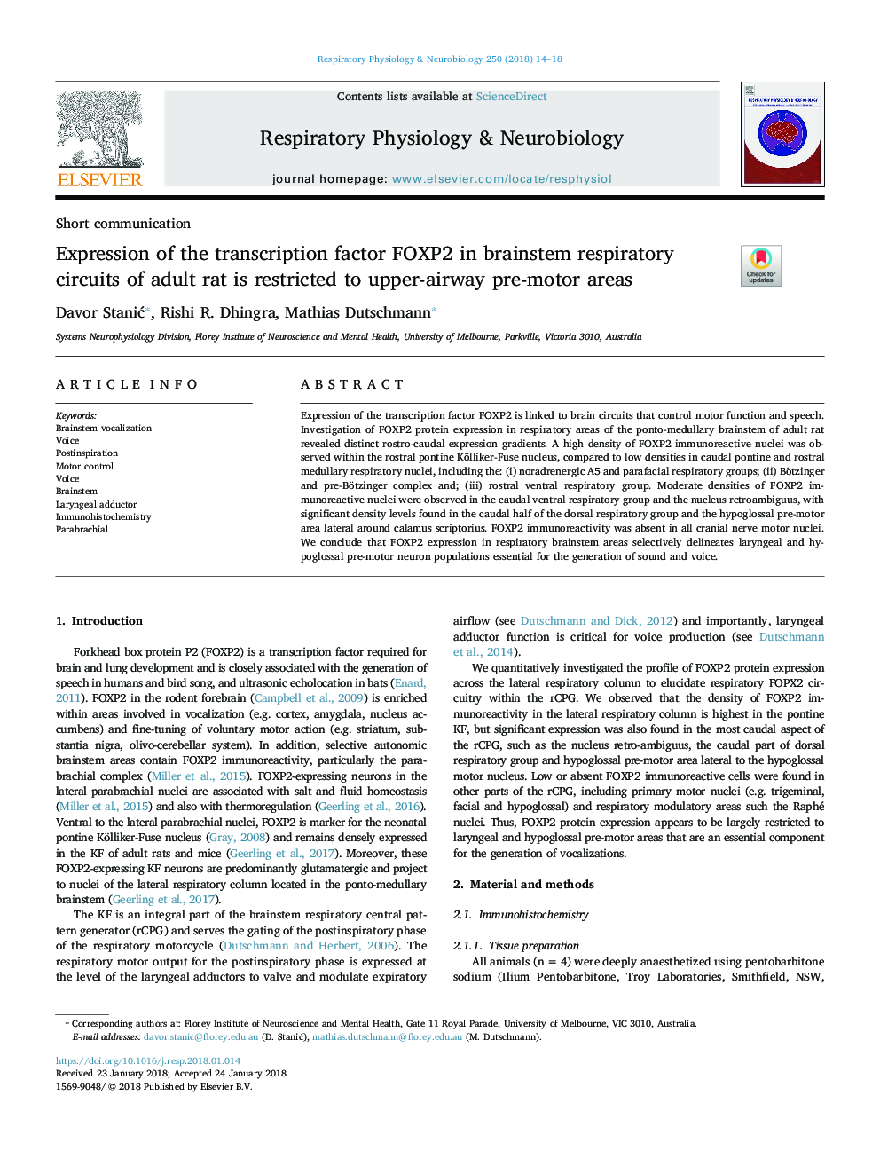 Expression of the transcription factor FOXP2 in brainstem respiratory circuits of adult rat is restricted to upper-airway pre-motor areas