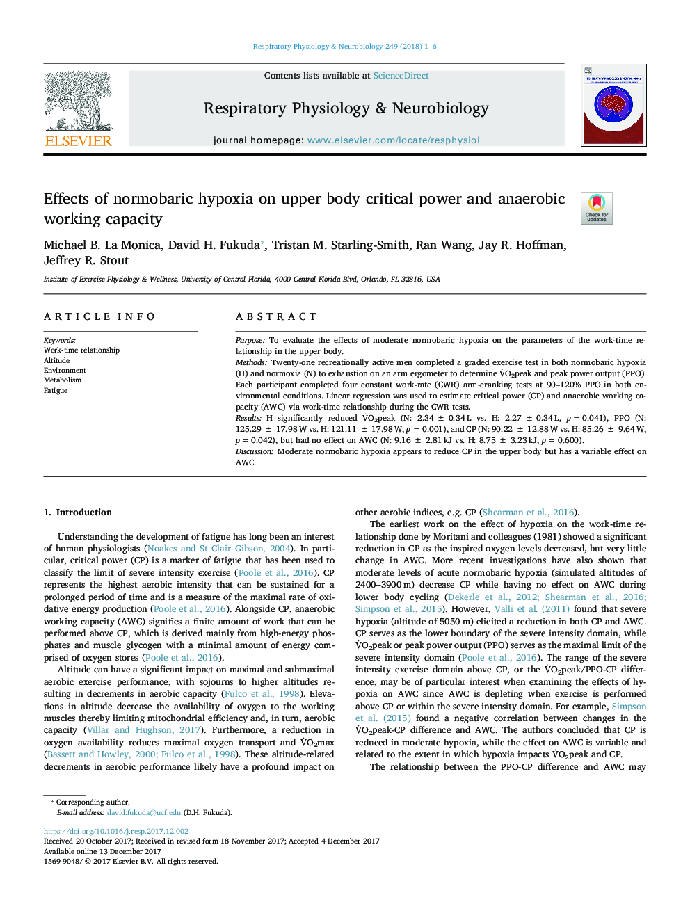 Effects of normobaric hypoxia on upper body critical power and anaerobic working capacity